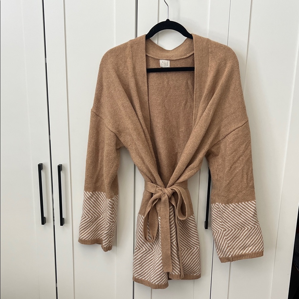 a new day Tan Belted Cardigan with Patterned Sleeves